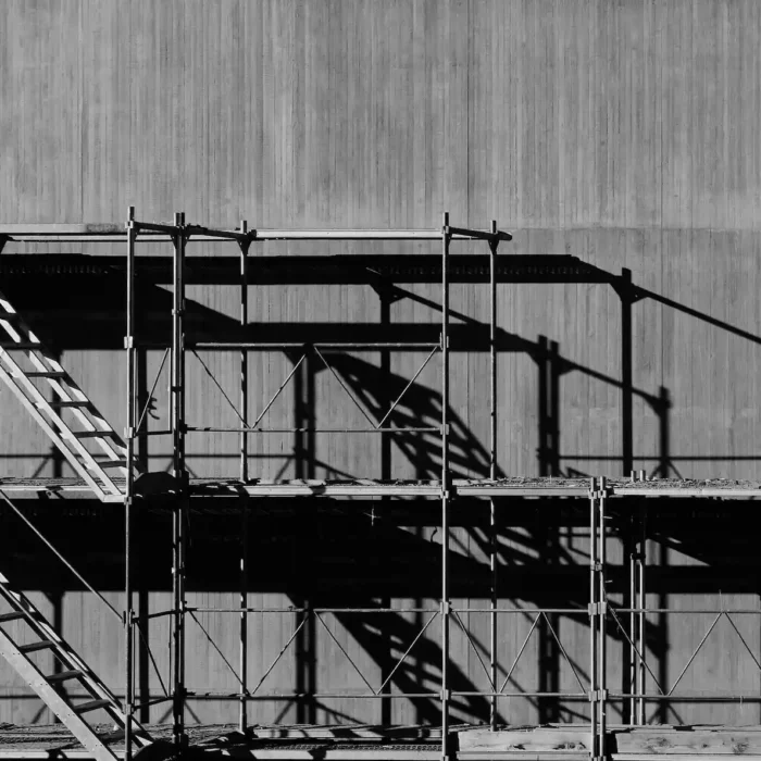 San Mateo Scaffolding Rental black and white scaffold detail with stairs and platform